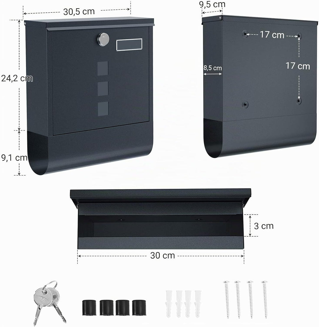 SONGMICS Briefkasten, 2er Set, Wandbriefkasten, Schloss mit Kupfer-Schliesszylinder, drehbare Abdeck
