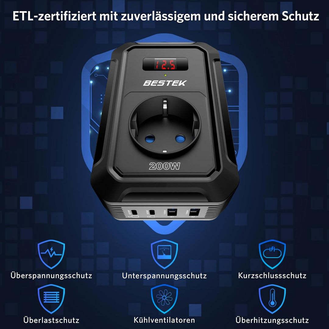 BESTEK 200 W Spannungswandler 12 V auf 240 V 230 V AC Auto-Wechselrichter, mit 3-pin Steckdosen, 2 1
