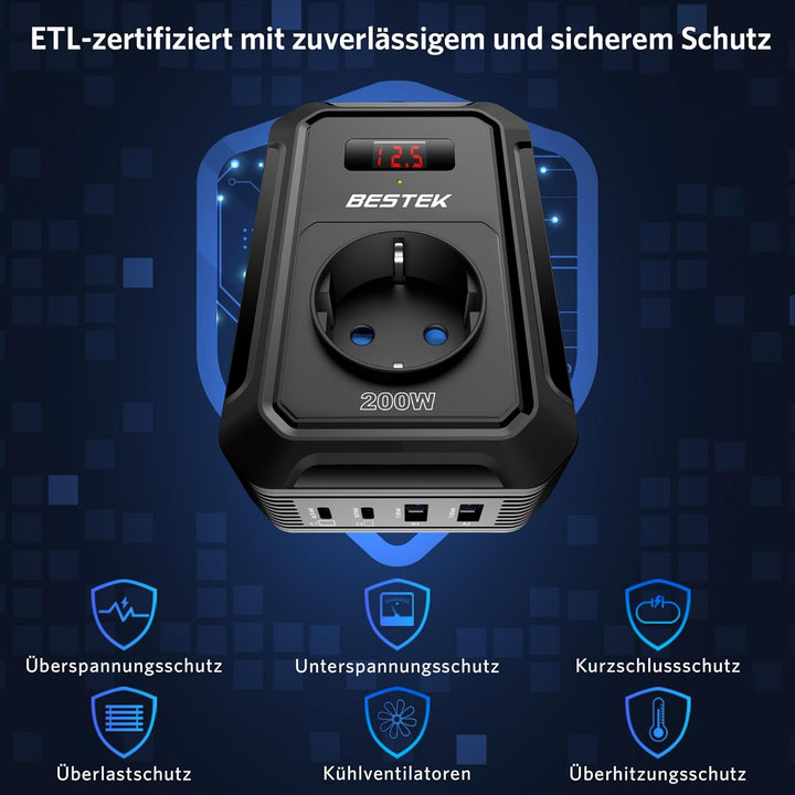 BESTEK 200 W Spannungswandler 12 V auf 240 V 230 V AC Auto-Wechselrichter, mit 3-pin Steckdosen, 2 1