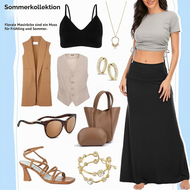 Durio Rock Maxirock Lang Damen Rock Weich Sommerrock Elegant Freizeitrock mit Hohem Bund Elastisch S
