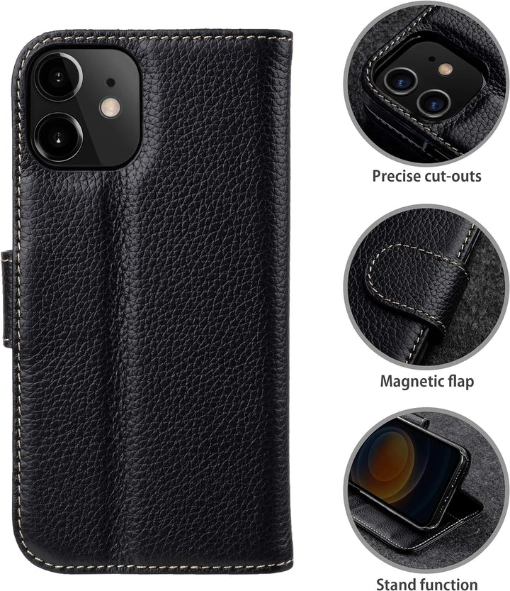 STILGUT Talis kompatibel mit iPhone 12 Mini (5.4“) Hülle mit Kartenfach aus Leder, Flip Cover, Walle