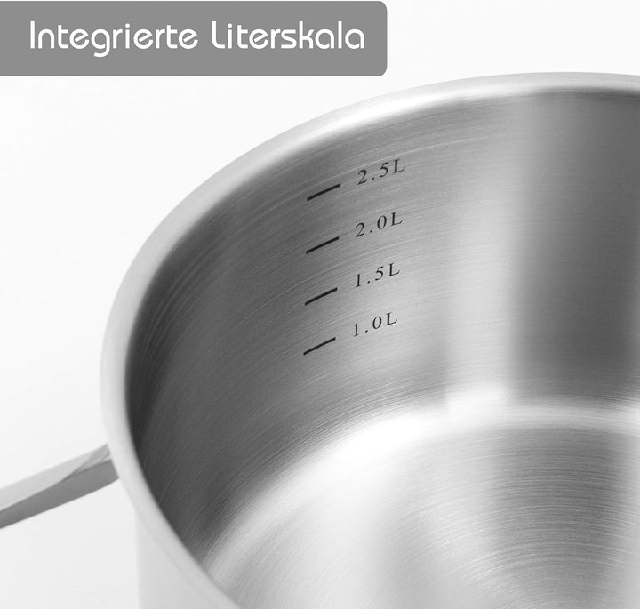 Kopf Topfset Jara aus Edelstahl I Induktions Kochtopfset mit Sichtkochdeckel & integrierter Liter-Sk