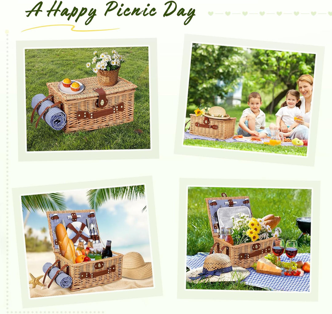 Weidenkorb für 4 Personen, Vintage Picknickkorb Set, mit Kühlfach, Wasserdichter Decke, Besteck, für