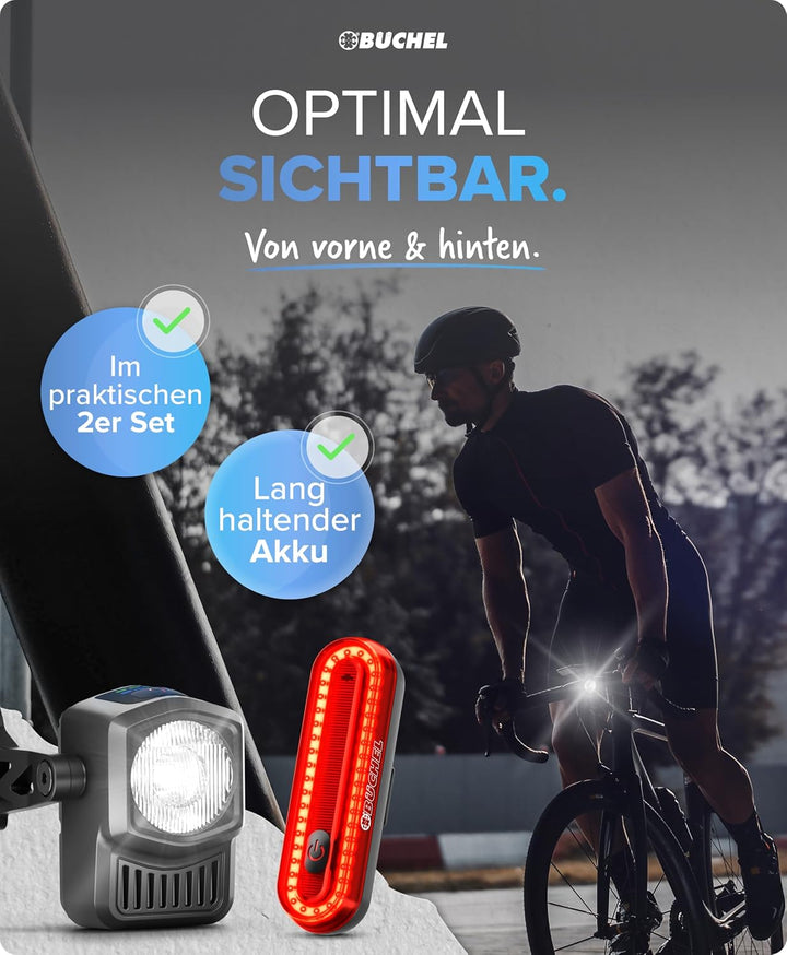 BÜCHEL Fahrradlicht Set - USB-C Fahrrad Lichter LED Set mit 8h Leuchtdauer & Kontrollanzeige - Front