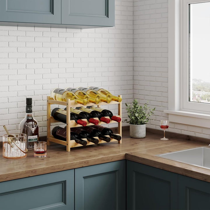 Dripex Weinregal klein, Flaschenregal mit 3 Ebenen, Flaschenhalter 12 Flaschen, Holz Weinständer ste