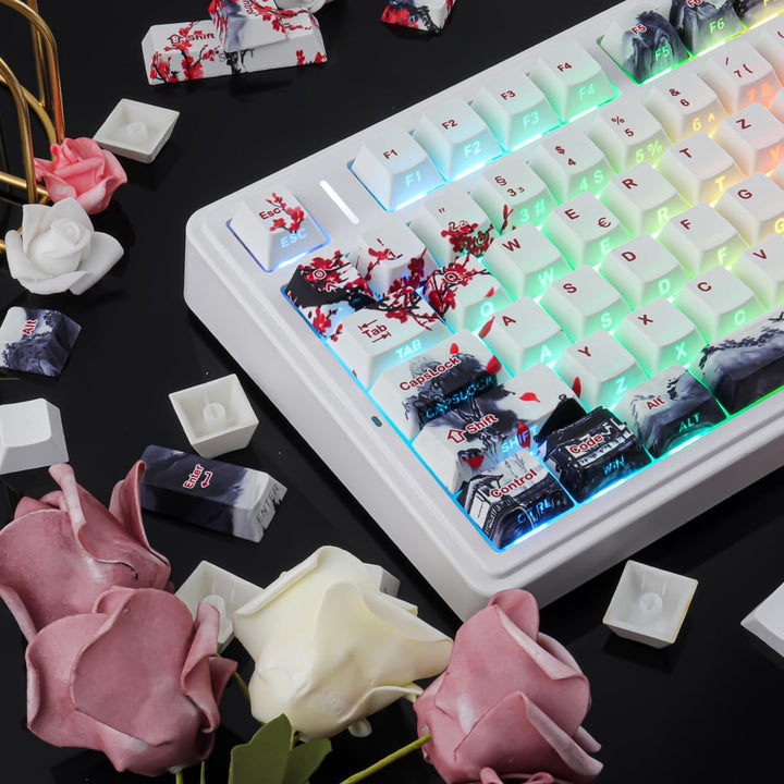 PBT German Keycaps, 133 Keys Double Shot Landscape Plum Blossom Keycaps Dye-Sub Cherry Profile Side