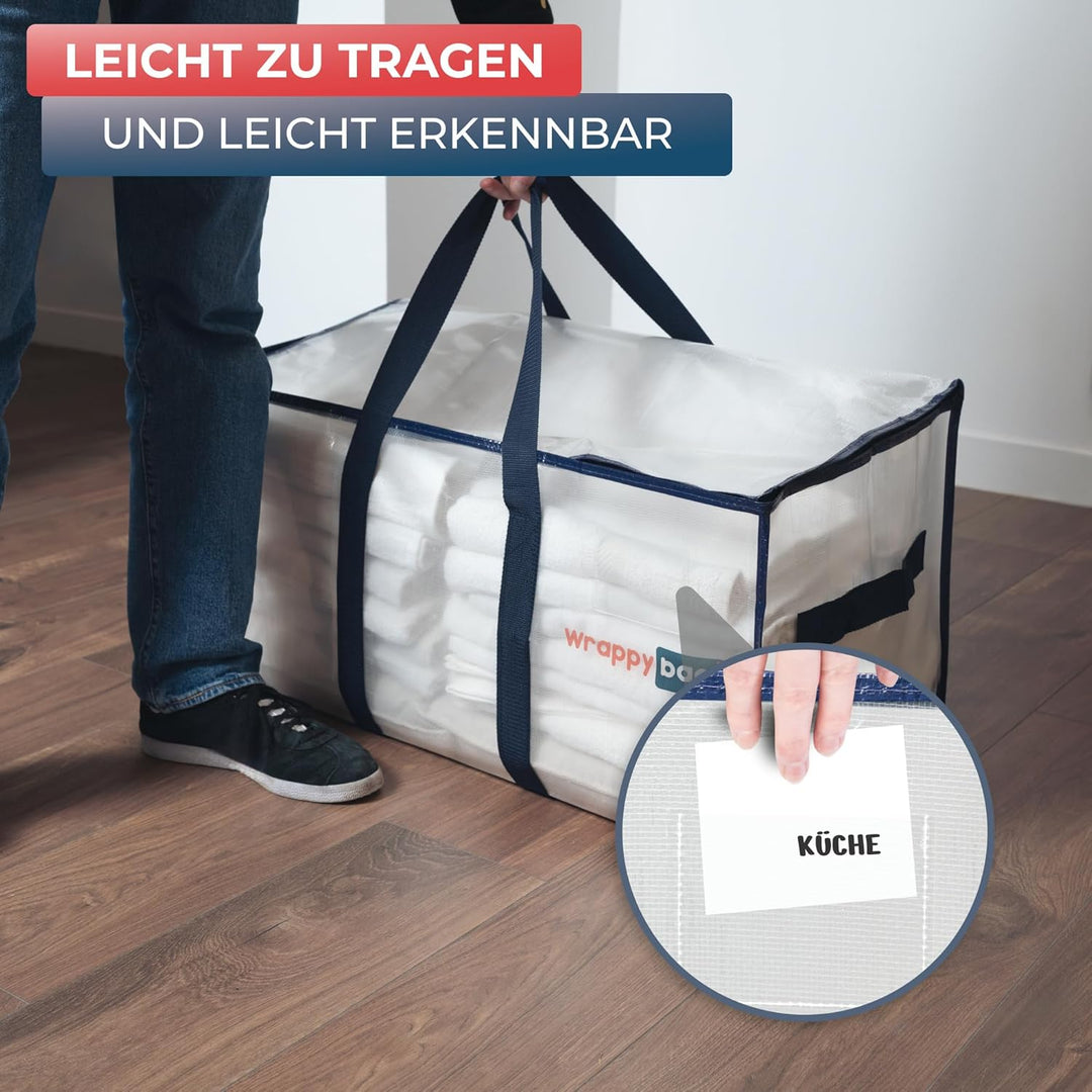WRAPPYBAG im 4er-Pack Grosse Aufbewahrungstaschen aus transparentem Kunststoff – XXL-Tasche für Umzu