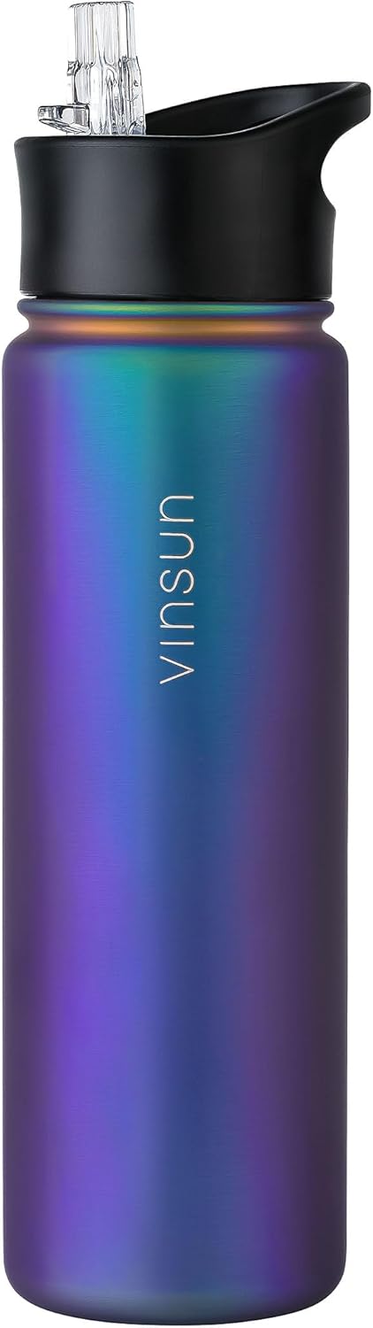 Vinsun Edelstahl Trinkflasche 750ml mit Strohhalm Deckel - 3 Deckel inkl. | Strohhalm, Trinköffnung,