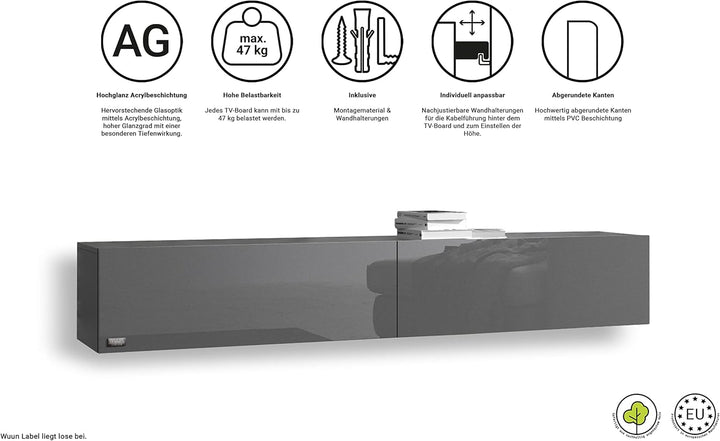 Wuun® TV Lowboard TV Board hängend I 100cm-280cm I Hängeschrank Wohnwand/Somero I Schwarz-Matt/Grau-
