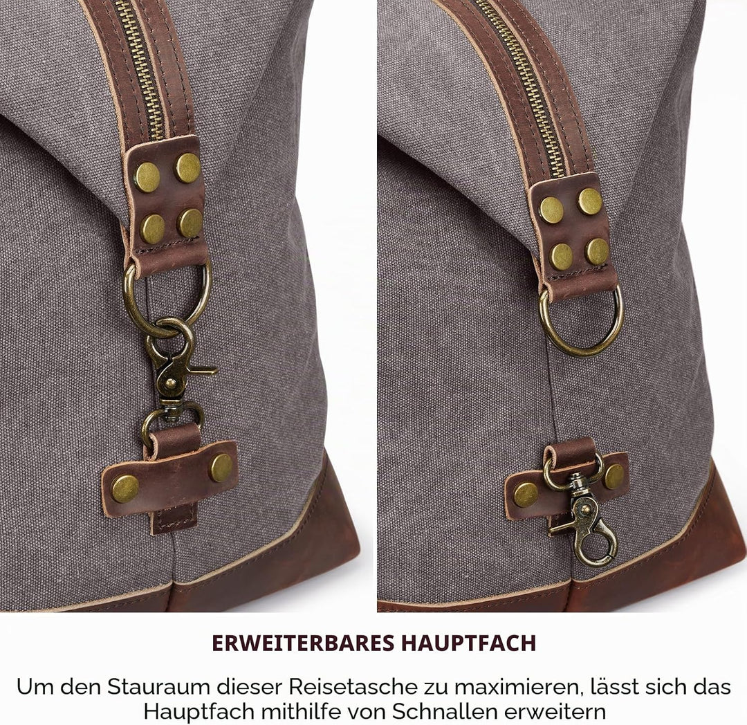 S-ZONE Reisetasche 60L Vintage Canvas Crazy Horse Leder Trim Unisex Handgepäck Weekender Tasche Spor