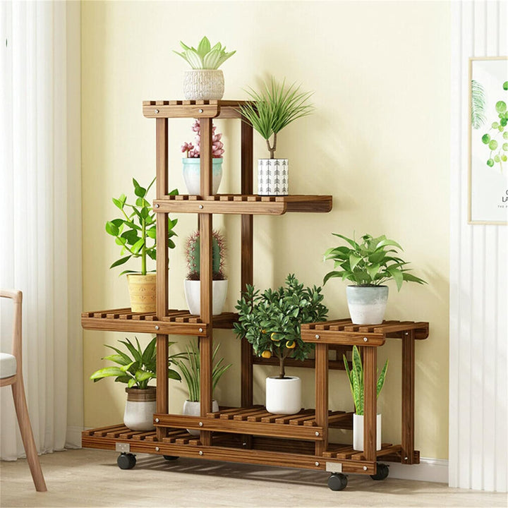 unho Blumenregal Rollbar, Blumenständer mit 6 Ebenen, Blumentreppe aus Holz, Pflanzenregal Balkon Wo