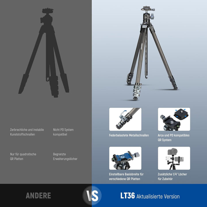 NEEWER 60,4" Reisestativ aus Carbonfaser mit abnehmbarem 360° Kugelkopf, leichtes Videokamera Stativ