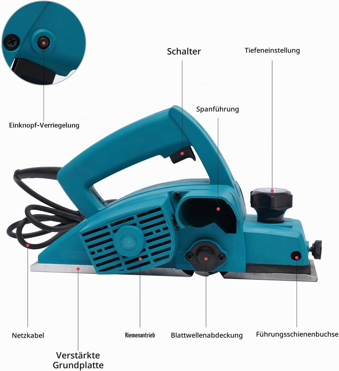 Elektrischer Hobelmaschine Elektrohobel für Holz 800W, Hobelbreite 82mm, Sperrschalter, Holzhobel fü