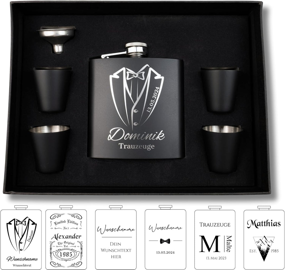 Personalisierter Flachmann Set Mit Gravur - Geschenkidee für Hochzeit und Männer - Edelstahl Flachma