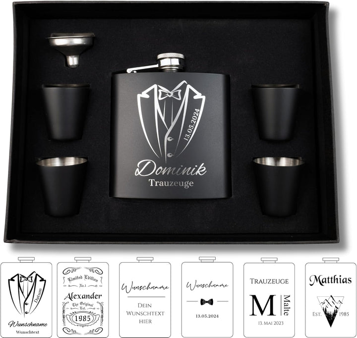 Personalisierter Flachmann Set Mit Gravur - Geschenkidee für Hochzeit und Männer - Edelstahl Flachma
