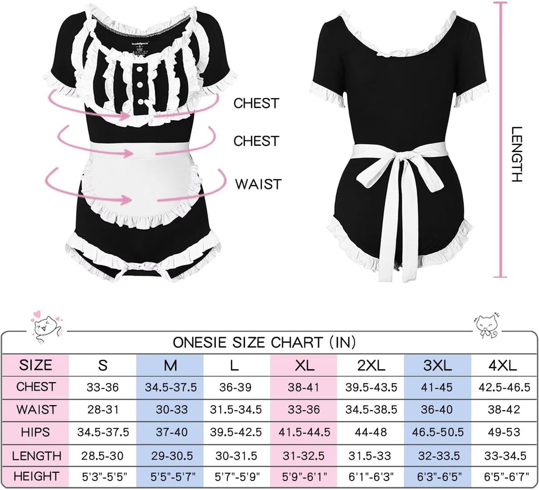 Landofgenie Damen Schwarz Langarm Baumwolle Bodysuit Onesie Pyjamas Maid Outfit Schwarz S, Schwarz S