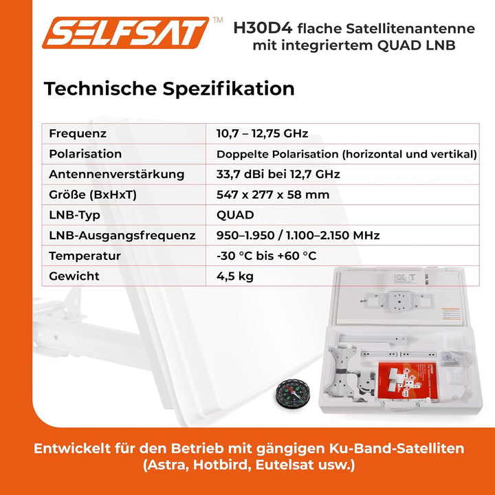 Selfsat H30D4 Flachantenne Quad LNB-Version Quad Single, Quad Single