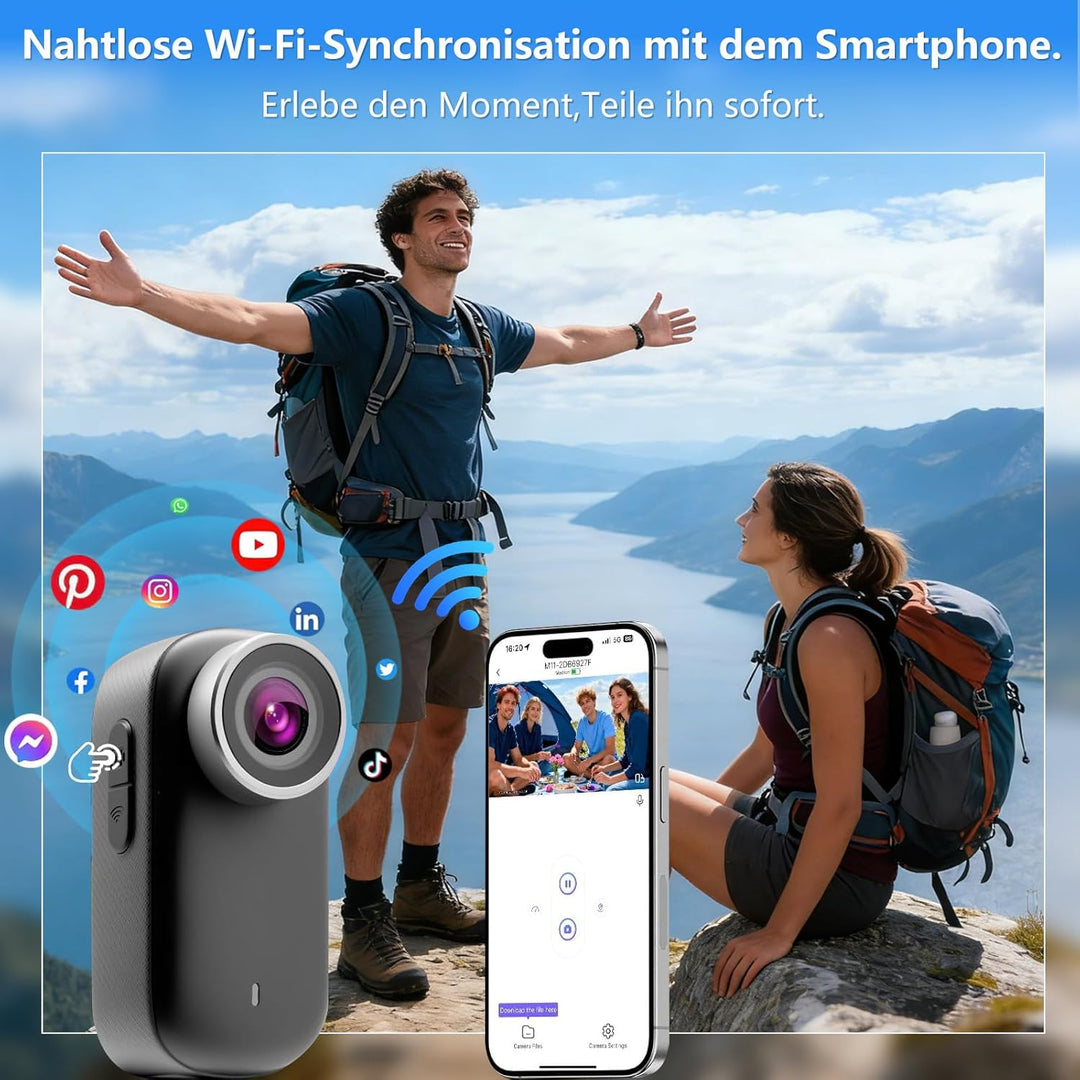 Mini Action Cam 4K WiFi mit Bildschirm und wasserfestes Gehäuse, 64GB UHD 150° Weitwinkel IP65 Bodyc