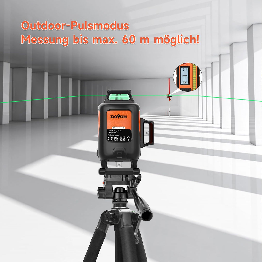 4D Kreuzlinienlaser mit Stativ, DOVOH 360° Selbstnivellierender Grüner Laser, Dual-Akkus, Klass Ⅱ, H