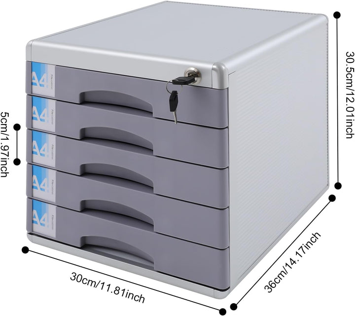 Schubladenbox A4 mit 5 Schubladen für DIN A4+ Dokumente, Organizer Büro, inkl. Auszugsperre + Beschr
