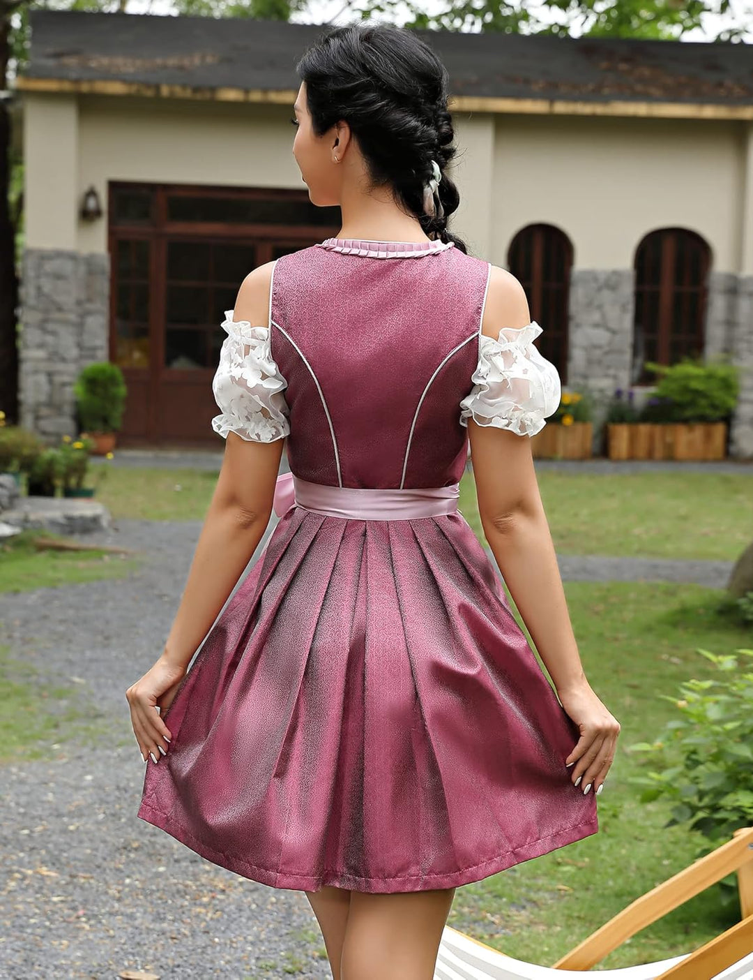 KOJOOIN Trachtenkleid Damen Dirndl Kurz Midi 3tlg. für Oktoberfest-Drei Teilig: Kleid, Bluse, Schürz