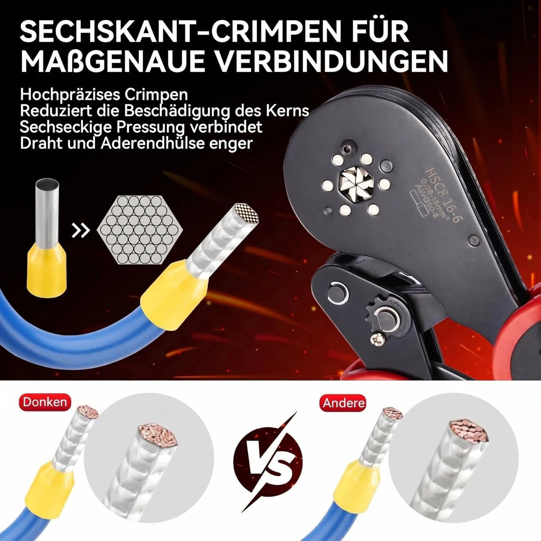 Donken Crimpzange 0.08-16mm² Set, Aderendhülsenzange Crimp Zange Sechskant Presszange mit 1200 Stück