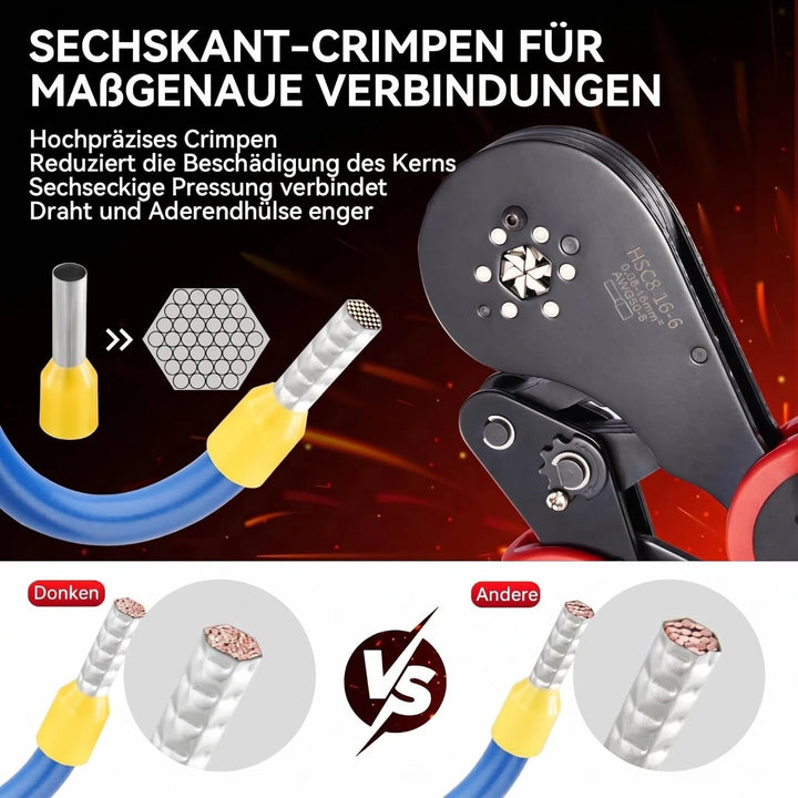 Donken Crimpzange 0.08-16mm² Set, Aderendhülsenzange Crimp Zange Sechskant Presszange mit 1200 Stück