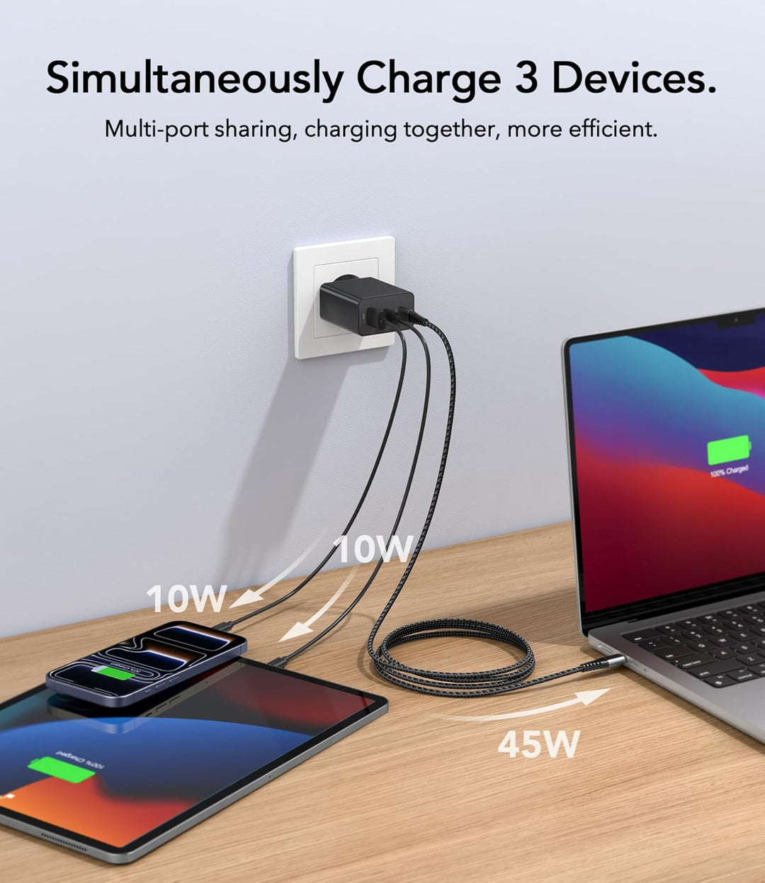 65W USB C Ladegerät, 3Port Schnellladegerät mit 2M Typ C Ladekabel geflochtenem USB C Netzteil für T