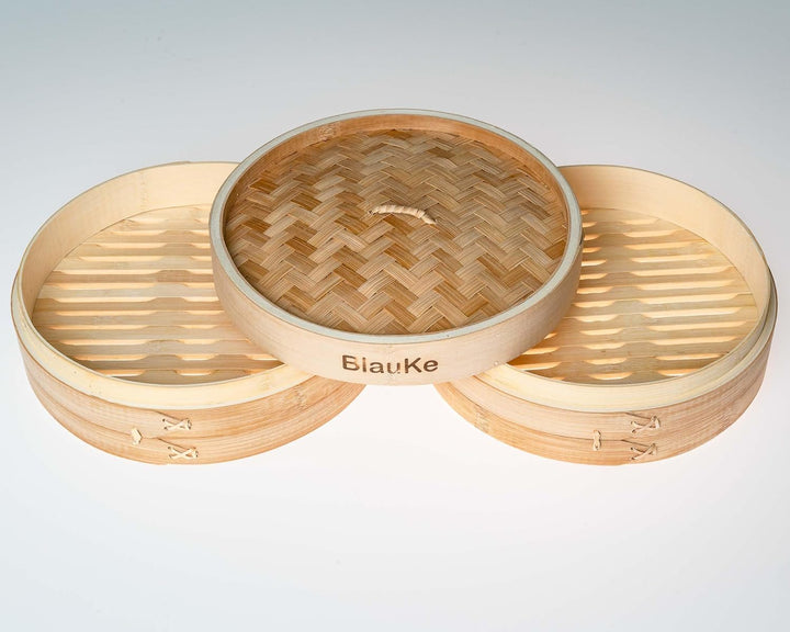 Bambusdämpfer (Bamboo Steamer) - 25cm mit 2 Etagen Bambus Dampfkörbe mit Deckel - 2 Paar Essstäbchen