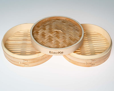 Bambusdämpfer (Bamboo Steamer) - 25cm mit 2 Etagen Bambus Dampfkörbe mit Deckel - 2 Paar Essstäbchen