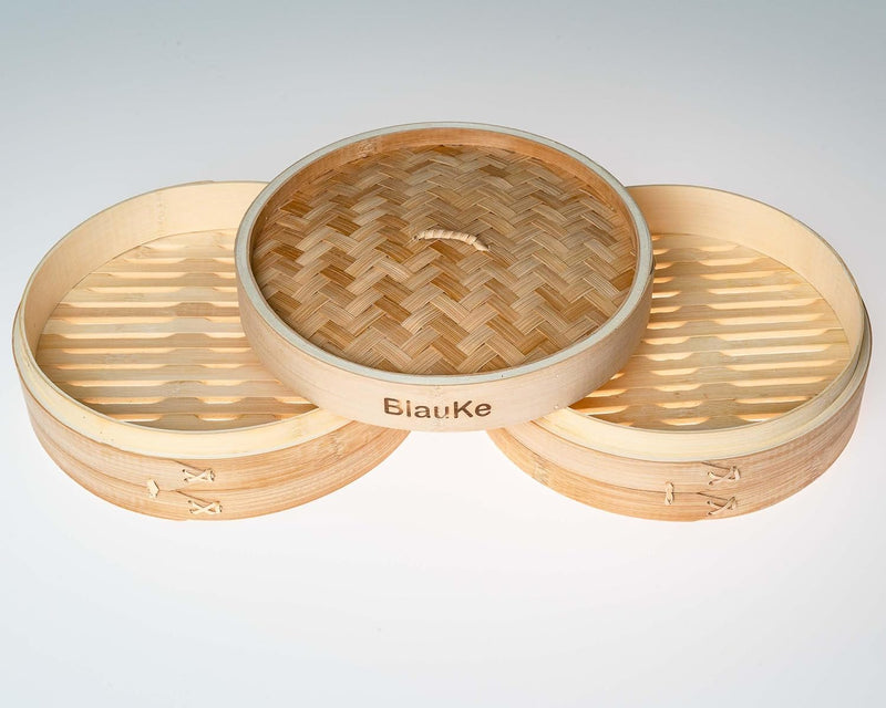 Bambusdämpfer (Bamboo Steamer) - 25cm mit 2 Etagen Bambus Dampfkörbe mit Deckel - 2 Paar Essstäbchen