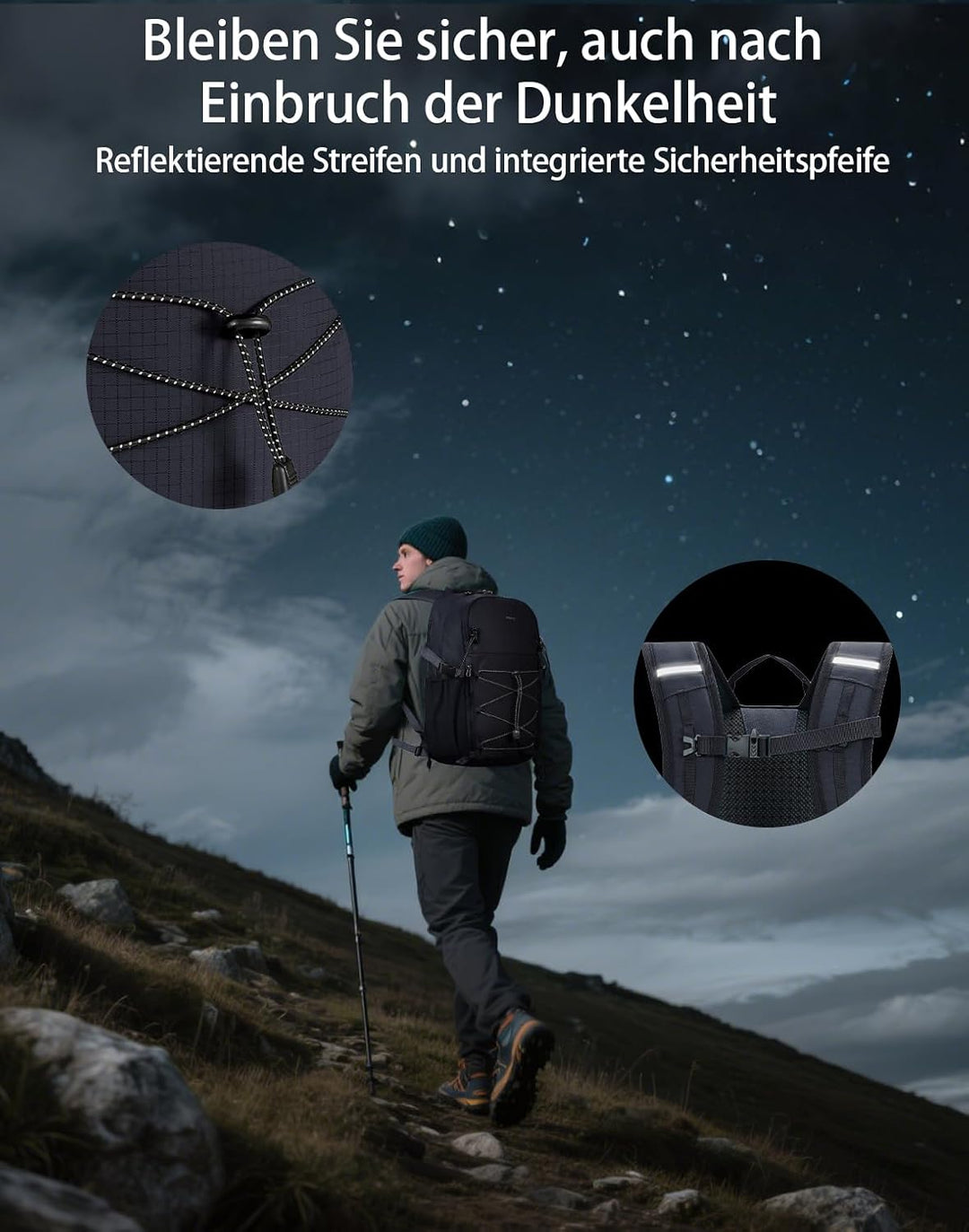 ECOHUB Leichter Atmungsaktiver Wanderrucksack mit Vielen Fächern aus PET Schwarz, Schwarz