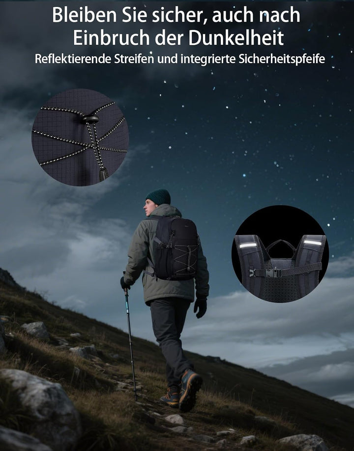 ECOHUB Leichter Atmungsaktiver Wanderrucksack mit Vielen Fächern aus PET Schwarz, Schwarz