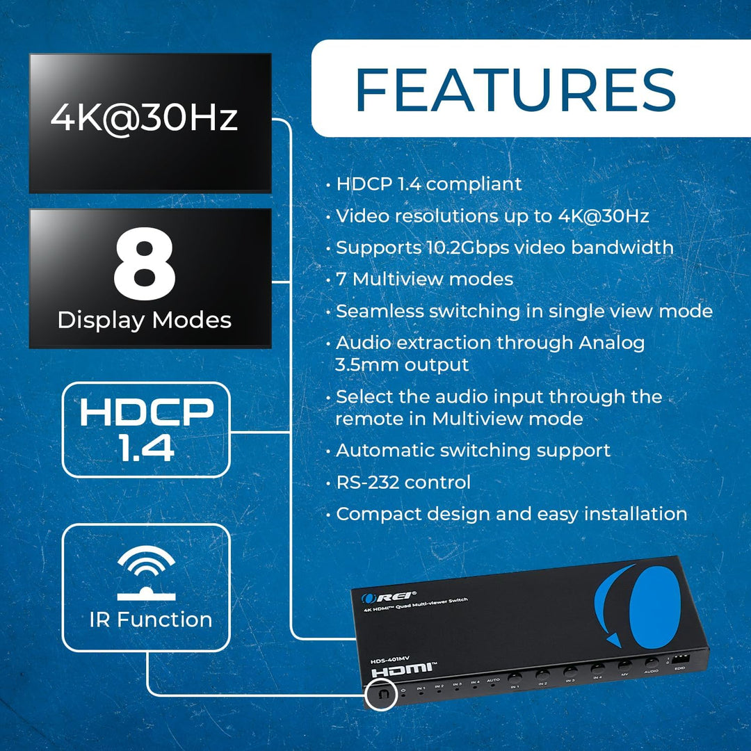 Orei Quad Multi HDMI Viewer 4 in 1 Out HDMI Switcher 4 Ports Seamless Switcher und IR Remote Support