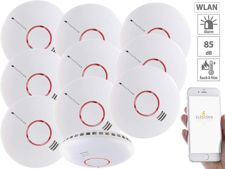VisorTech WLAN Rauchmelder: 10er-Set WLAN-Rauch- &amp; Hitzemelder mit weltweiter App-Benachrichtigung (