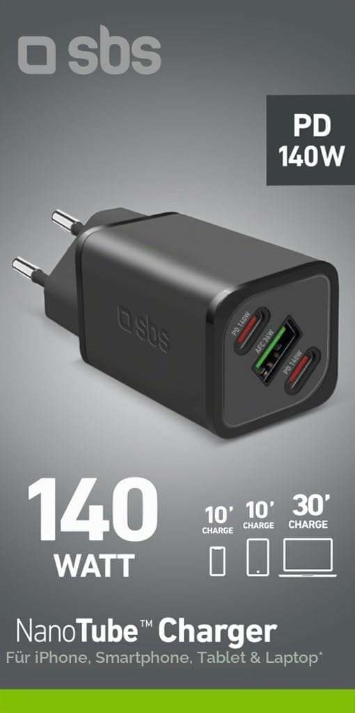 SBS Mehrport-Ladegerät 140W, 2 USB-C-Anschlüsse, 1 USB-A-Anschluss, GaN, Power Delivery, kompakt, id