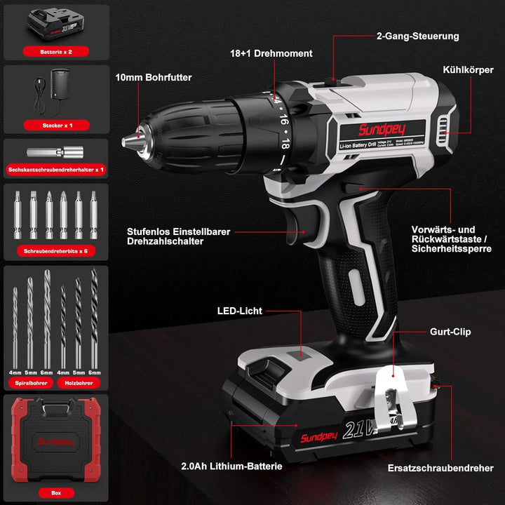 Akkuschrauber Set, 21V Akku Bohrschrauber - Sundpey 18+1 Akkubohrer mit 2 Akkus 2.0Ah, 45Nm Drehmome