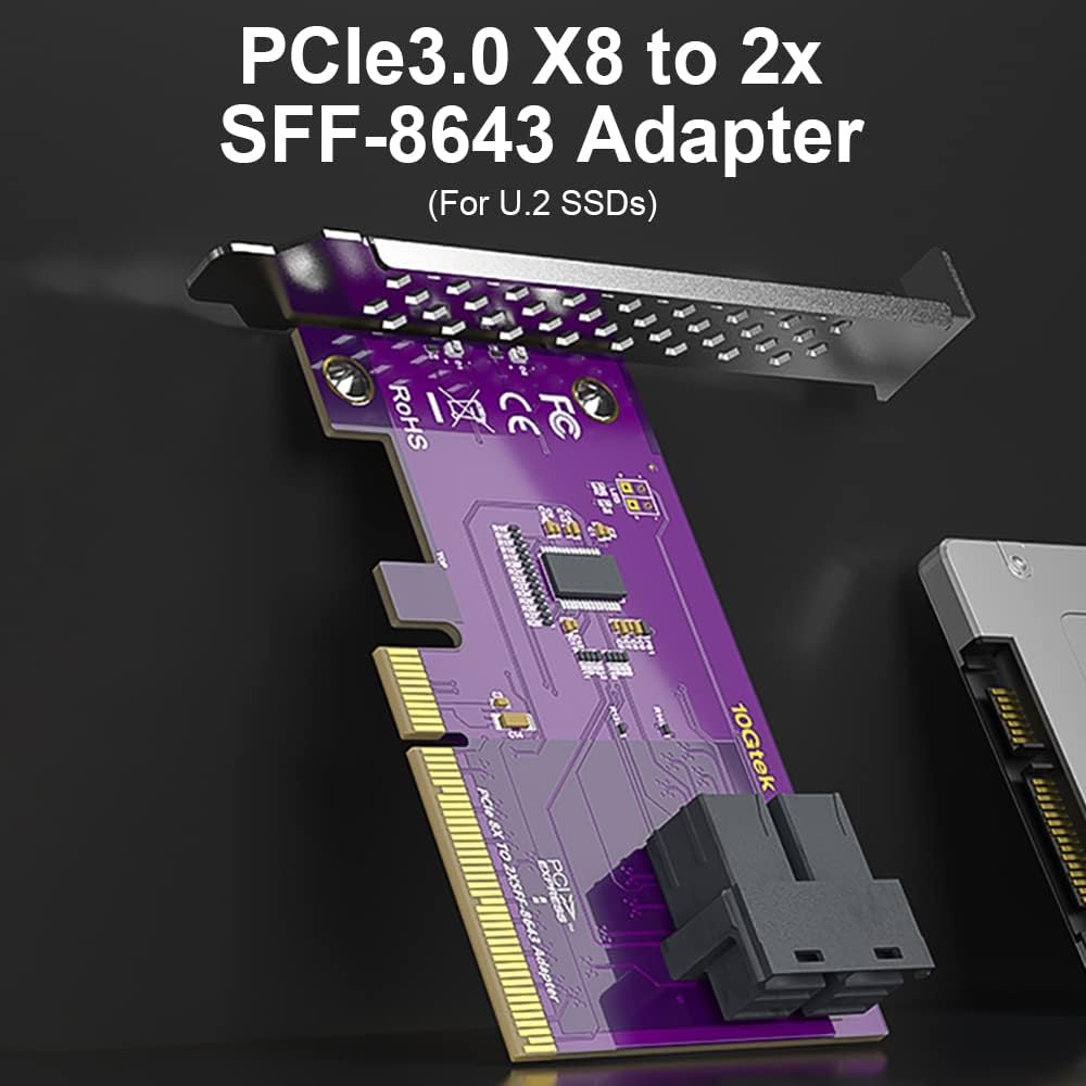 10Gtek® PCIe 3.0 X8 zu SFF-8643 Adapter für U.2 SSD, X8, (2) SFF-8643, mit Low-Profile Bracket, Supp