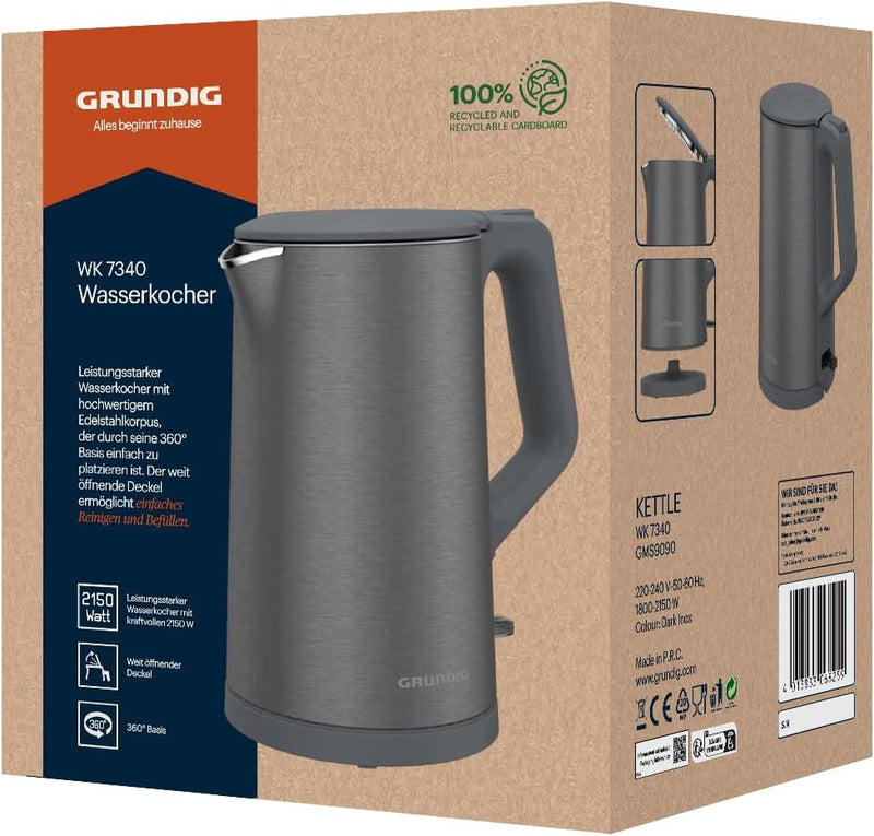 Grundig WK 7340 Wasserkocher, 2.150 W Leistung, 1,5 l Fassungsvermögen, Kabelaufwicklung, Abschaltau