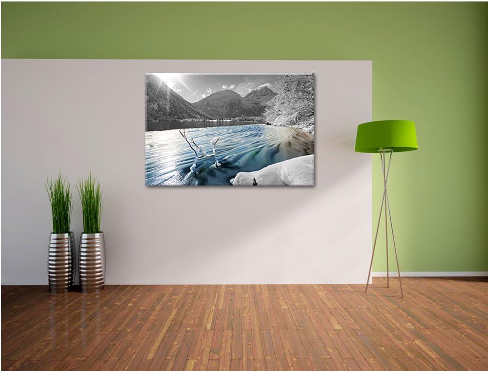 Ruhiger See im Winterwald schwarz/weiss Format: 100x70 auf Leinwand, XXL riesige Bilder fertig gerah
