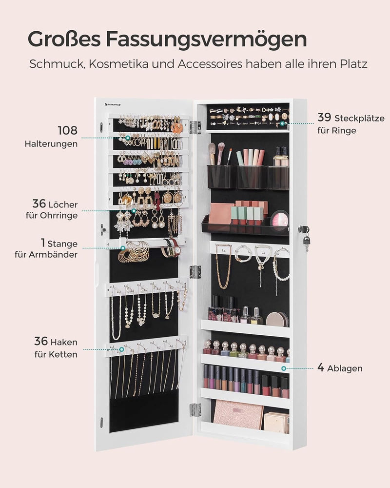 SONGMICS Schmuckschrank hängend, Hängeschrank, abschliessbarer Spiegelschrank, Wandschrank mit rahme