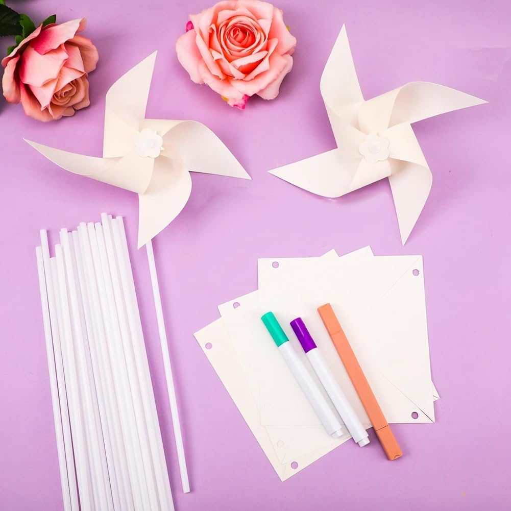 50 Stück DIY-Windräder Aus Papier für Kinder, Weisse, Blanke Windräder Aus Papier, Blanke Windmühlen