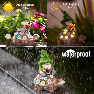 Yeomoo Solar Zwerg Reiten Schildkröte Gartendeko für Draussen Figuren - mit Blumen LED Lichterkette