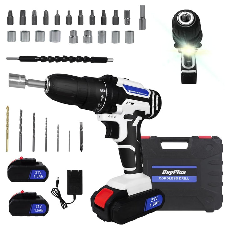 21V Akkuschrauber Set Akku-Bohrschrauber Akkubohrer mit 2×1,5Ah Akkus, LED Licht, 2 Geschwindigkeits
