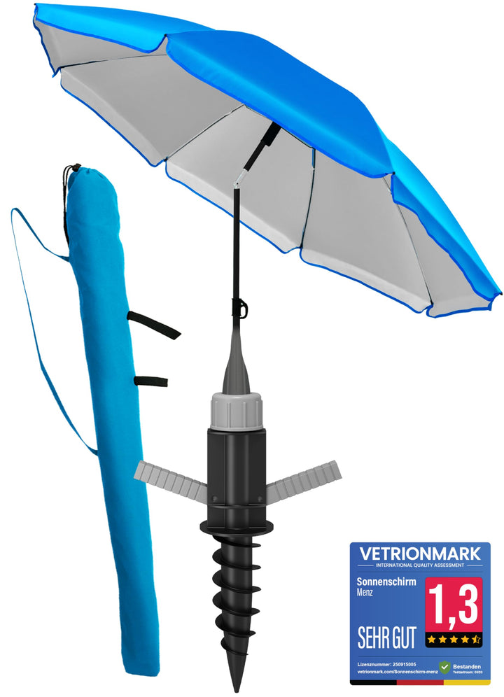 4smile Sonnenschirm Strand SunnyJoy 3-IN-1-SET, Fb. Blau - Strandschirm Ø 180 cm + Bodenhülse + Schu
