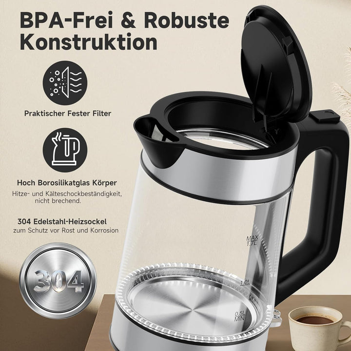 Wasserkocher Glas, 1. 7L Teekocher Elektrisch mit Skalenstrichen, 2200 Watt Wasserkocher Durchsichti