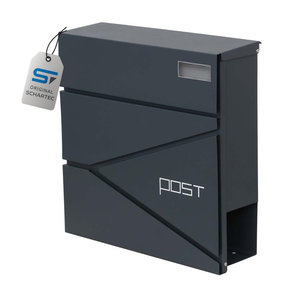 SCHARTEC® Design Briefkasten SPB-3 anthrazit mit Zeitungsfach modern & gross Wandbriefkasten Postkas