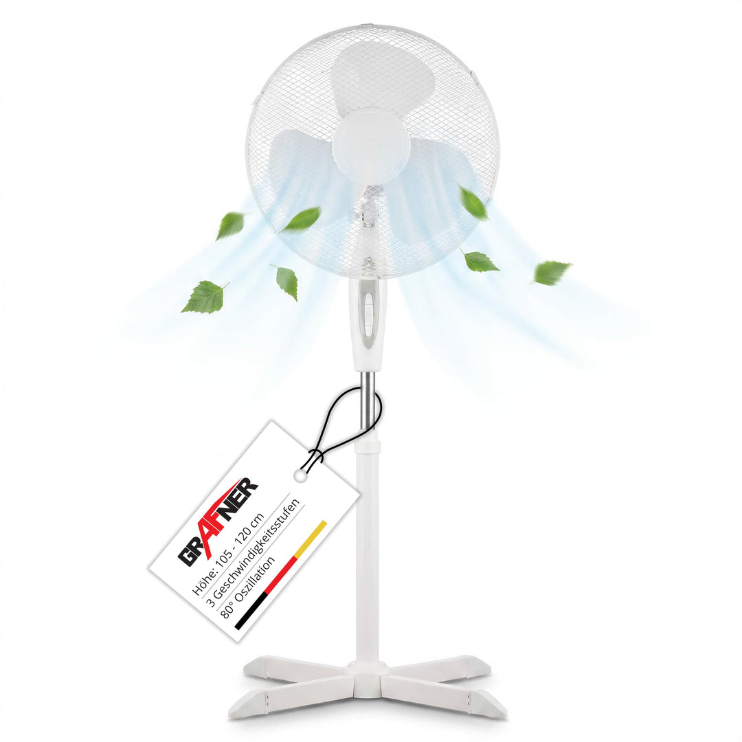 Grafner Standventilator 40 cm, 3 Geschwindigkeitsstufen, höhenverstellbar 105–120 cm, 80° Schwenkfun