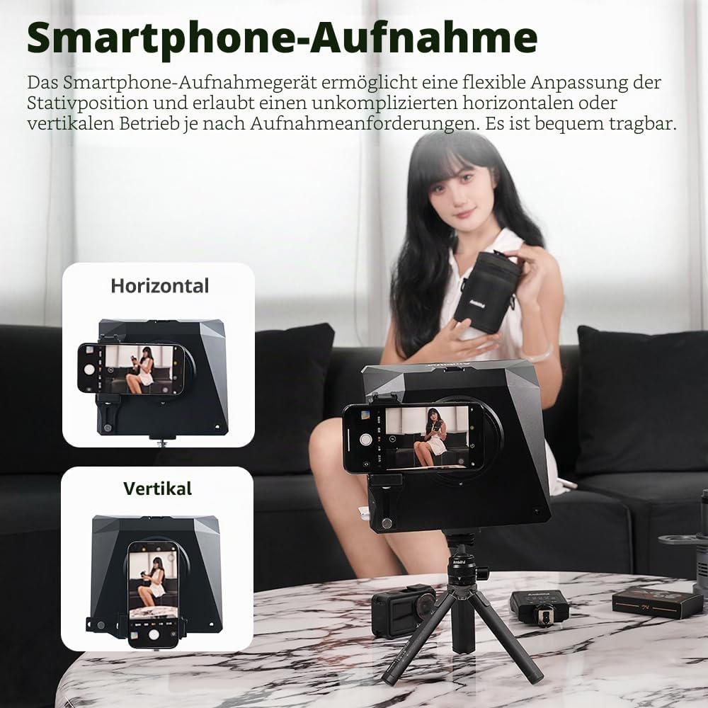 Ambitful T1 Pro Teleprompter für Handy mit Desktop-Stativ, schnell einzurichten, tragbares Telepromp