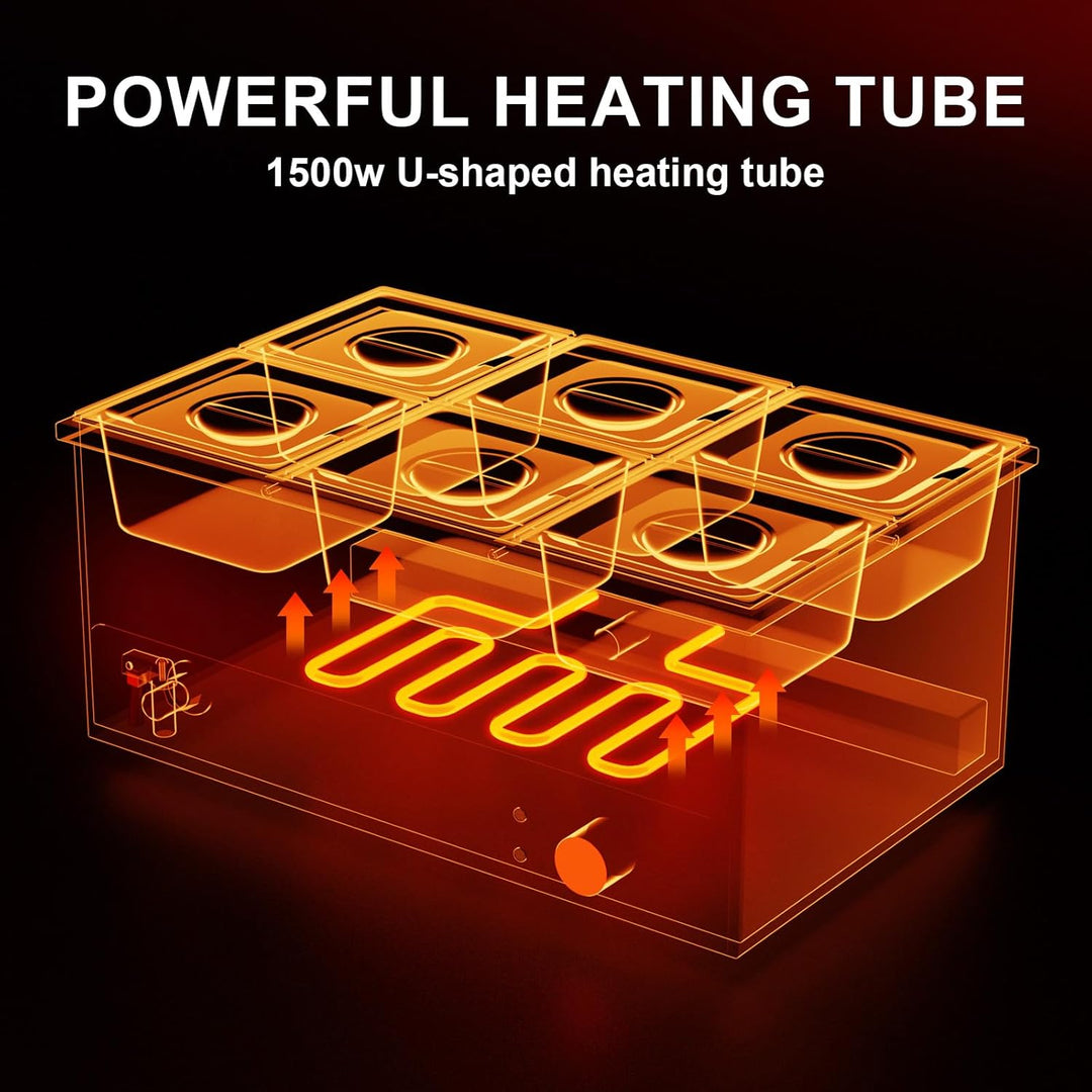 DULNICE Bain Marie Speisewärmer Elektrische Edelstahl 1500W 6 GN-Behältern Wasserbad mit Ablaufhahn,